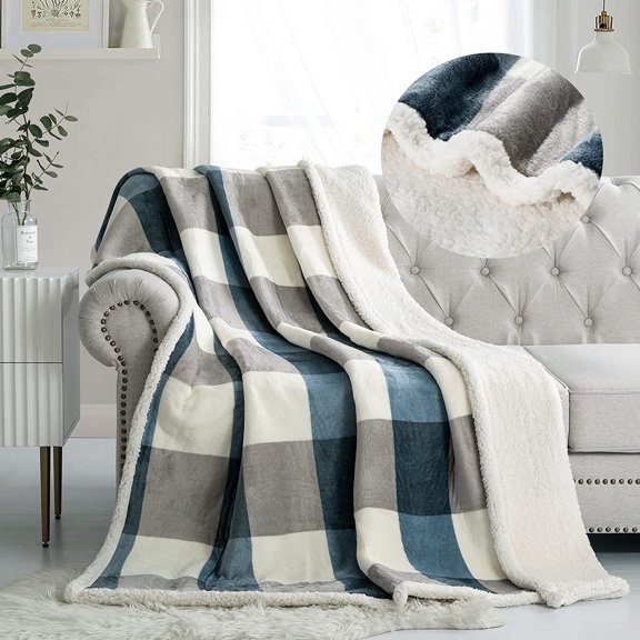 PU MEI Sherpa Fleece Throw Blanket 60" x 80" Reversible Plush Fluffy Large Big Lattice Flannel Blankets for Sofa Couch Bed (Grey-Soft Blue, 60"*80")