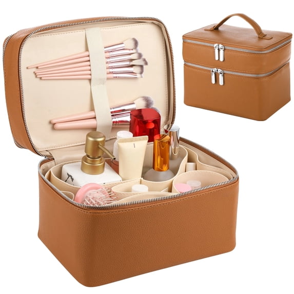 Double Layer Travel Makeup Bag, Large Capacity Zippered Cosmetic Organizer with Removable Liner, Waterproof PU Leather Toiletry Bag, Portable Cosmetic Case for Skincare Brushes Accessories