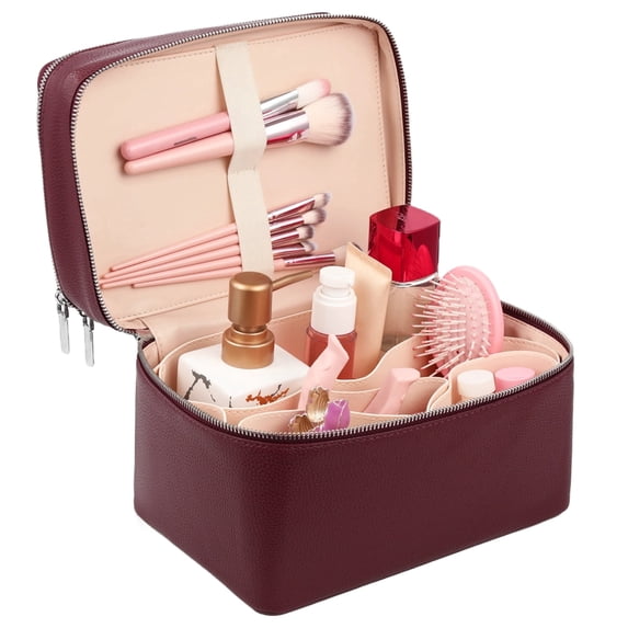 Double Layer Travel Makeup Bag, Large Capacity Zippered Cosmetic Organizer with Removable Liner, Waterproof PU Leather Toiletry Bag, Portable Cosmetic Case for Skincare Brushes Accessories