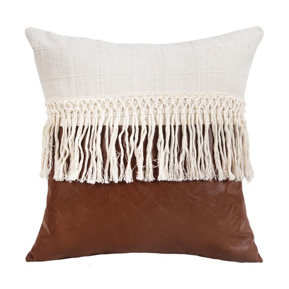 PU Patchwork Throw Pillow Cover Smooth Zippers Tassels Cushion Case Room Styling