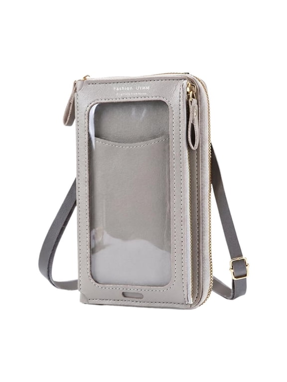 PU Phone Bag Crossbody Small Shoulder Purse Clear Touch Window Fit Most Smartphones, Card Slots & Zipper Pocket, Lightweight Casual Daypack for Work Shopping Travel