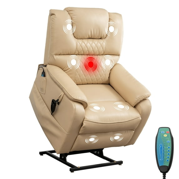 PU Power Lift Chair,180 Degree,Electric Lift Recliner with Lumbar Support Lays Flat Home Sofa,Massage Heating,400 LBS ,Beige