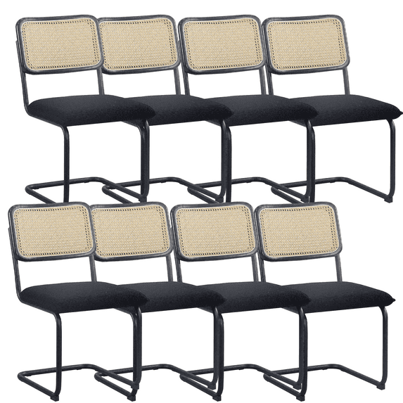 PU& Rattan Dining Chairs, Industrial Dining Chair with High-Density Sponge, Leisure Upholstered Dining Chairs, Accent Desk Chair for Kitchen Living Room Wine Bar(Black,Set of 8)