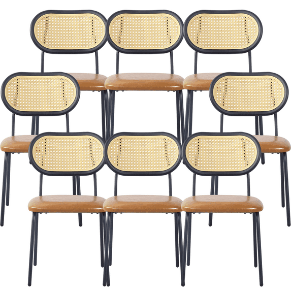 PU& Rattan Dining Room Furniture Chair, Industrial Dining Chair with Black Metal Legs, Leisure Upholstered Dining Chairs, Accent Desk Chair for Kitchen Living Room Wine Bar(Brown,Set of 8)