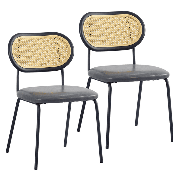 PU& Rattan Dining Room Furniture Chair, Industrial Dining Chair with Black Metal Legs, Leisure Upholstered Dining Chairs, Accent Desk Chair for Kitchen Living Room Wine Bar(Light Gray,Set of 2)