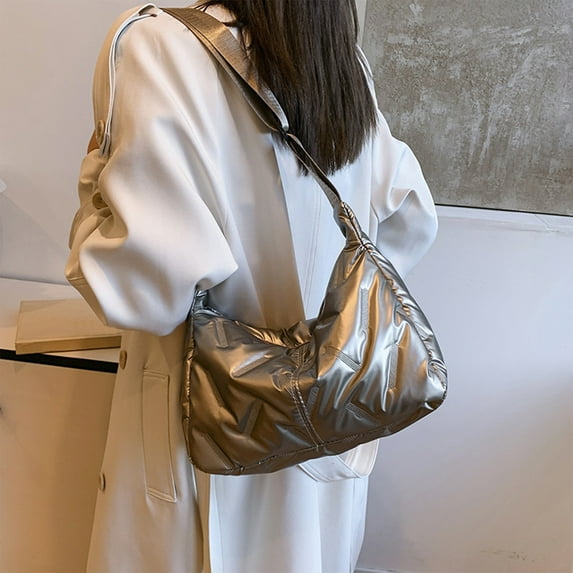 PU Shoulder Bag Women Crossbody Purse Handbag Messenger Bag Fashion Silver Adjustable Strap Casual Lightweight Compact