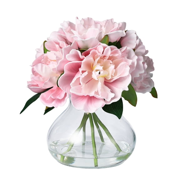 PU & Silk Faux Peony Arrangement - Artificial Peonies in Glass Vase with Faux Water for Home Decor, pink