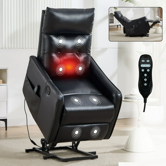 PU Single Motor Power Lift Recliner Chair with Massage and Heat for Elderly, Heavy Duty Motion Mechanism and One USB for Charging, Max Reclining Angle 155°