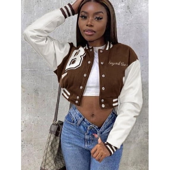 PU Sleeve Baseball Jacket (L, Brown)