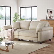 83" Couch Premium PU Leather Sofa, Comfy Extra Deep Seat 3 Seater Couch for Living Room, Oversized Loveseat with 2 Pillows, Beige