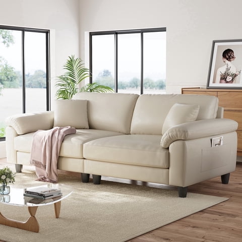 83" Couch Premium PU Leather Sofa, Comfy Extra Deep Seat 3 Seater Couch for Living Room, Oversized Loveseat with 2 Pillows, Beige