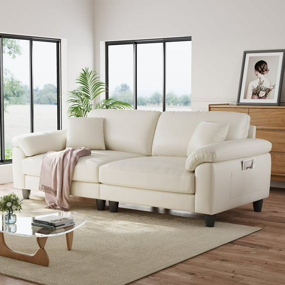 83" Couch Premium PU Leather Sofa, Comfy Extra Deep Seat 3 Seater Couch for Living Room, Oversized Loveseat with 2 Pillows, White - Walmart.com