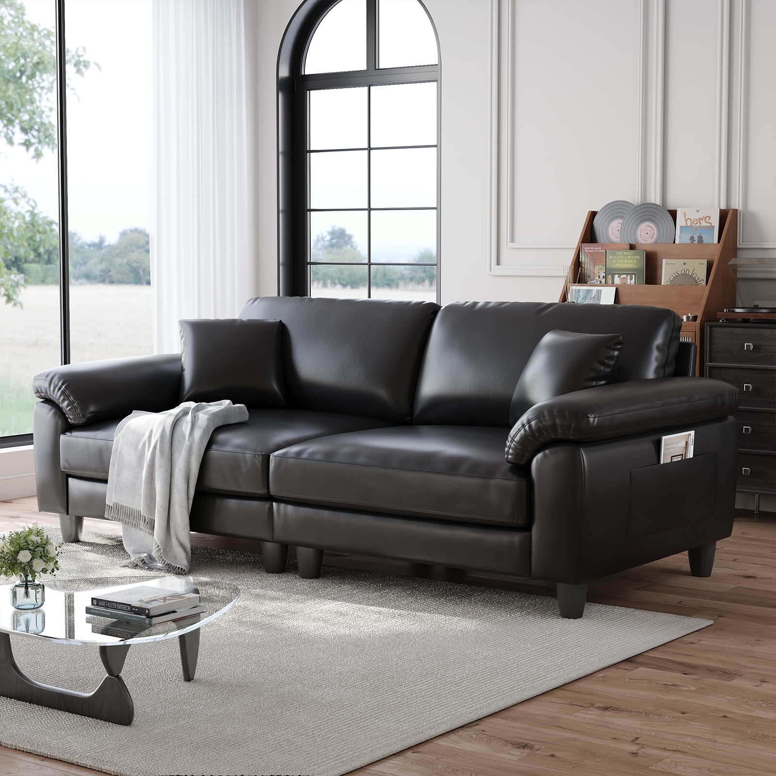 83" Couch Premium PU Leather Sofa, Comfy Deep Seat 3 Seater Couch for Living Room, Oversized Loveseat with 2 Pillows, Black