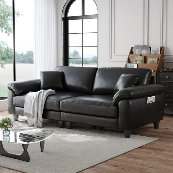83" Couch Premium PU Leather Sofa, Comfy Deep Seat 3 Seater Couch for Living Room, Oversized Loveseat with 2 Pillows, Black