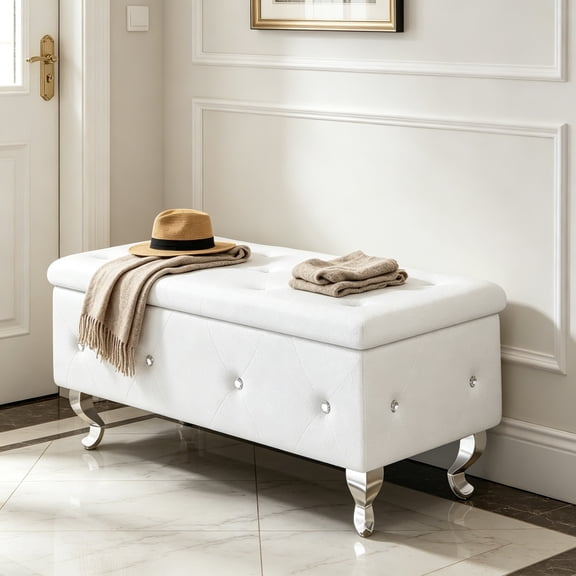 PU Storage Bench, End of Bed 38.9" Faux Leather Bedroom Ottoman Bench with Storage, Button Tufted Window Seating Bench, Upholstered Rectangle Footrest Stool for Living Room, Entryway, White