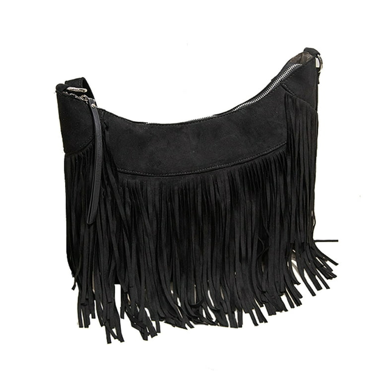 PU Suede Fringe Crossbody Bags for Women Western Hippie Shoulder Bag  Messenger Bag Sling Bag (Black)