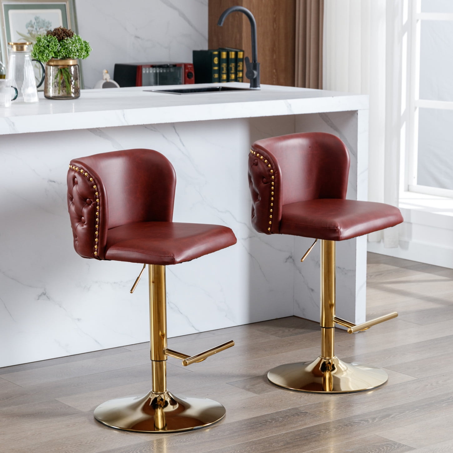 PU Swivel Counter Height Stools Set of 2, PU Leather Upholstered Bar ...