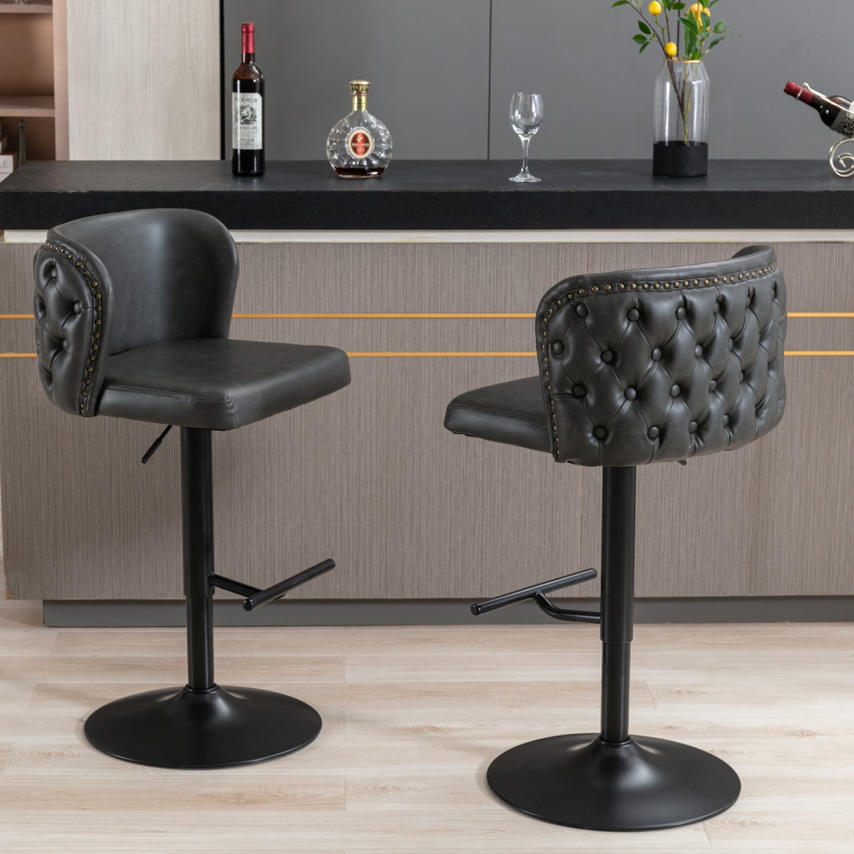PU Swivel Counter Height Stools Set of 2, PU Leather Upholstered Bar