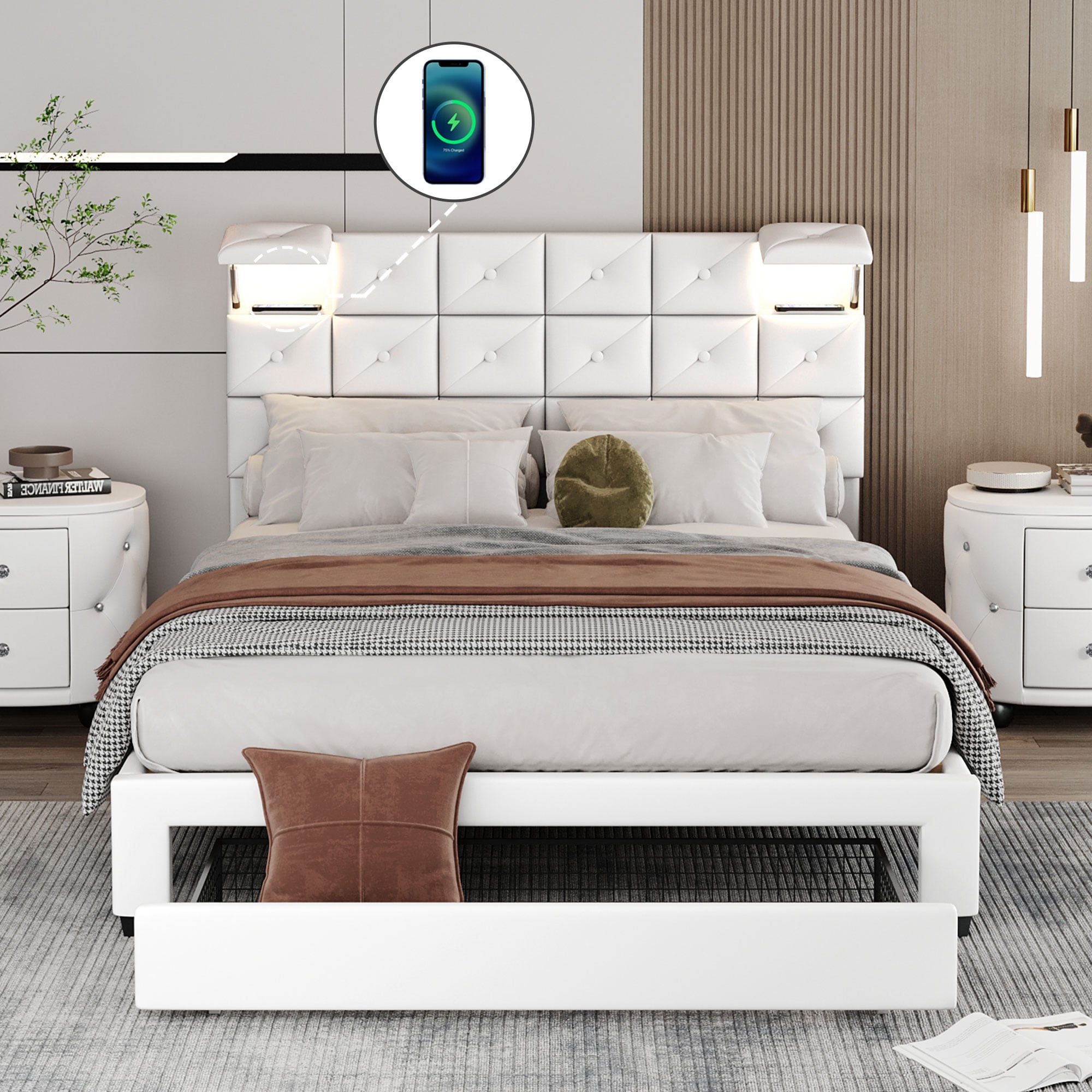 PU Upholstered Storage Bed Frame with a Big Drawer, Two Wireless