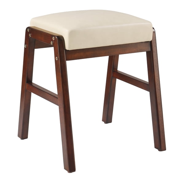 PU Vanity Stool Seat, Square Leather Makeup Bench with Wood Legs, Small Ottoman Stool Chair for Vanity, Padded Vanity Seat Footrest for Makeup Room, Living Room, Bathroom-BG