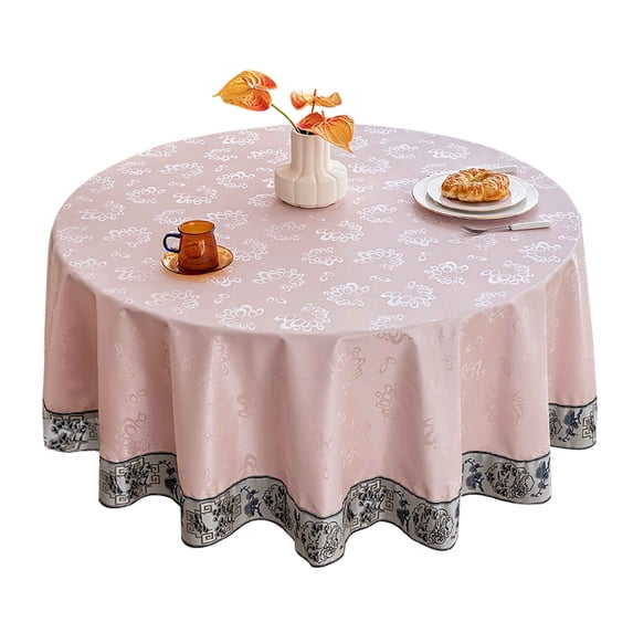 PU Waterproof Round Tablecloth Wipeable For Dining Room Living Room Kitchen,Oil-proof Wrinkle Free Jacquard-Pink G-280cm(110in)