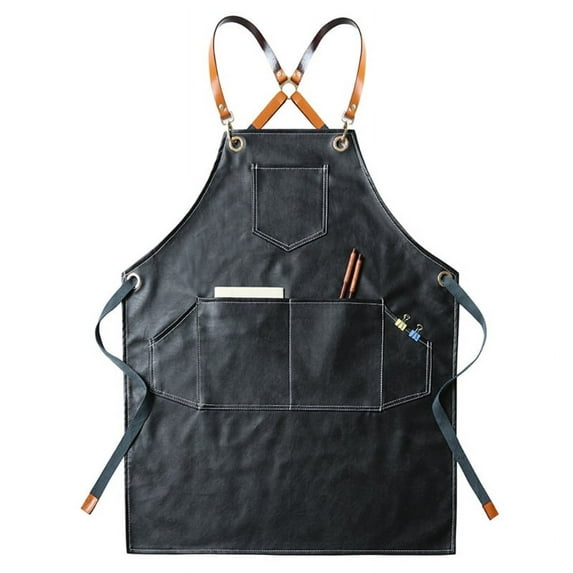 PU Working Apron Cross Back Adjustable Chef Apron Multi-pocket Sleeveless Adjustable Strap and Large Pockets for Kitchen Gardening Cooking Baking Bib Apron Household Item