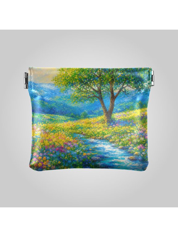 PU leather Coin Purses & Pouches Small Wallet Spring Tree Stream Landscape
