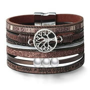 SOHINDEL PU leather bracelet, pearl Tree of Life magnet buckle bracelet