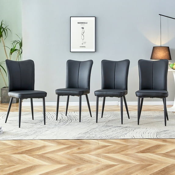 PU leather curved backrest and seat cushions dining chairs, black metal chair legs