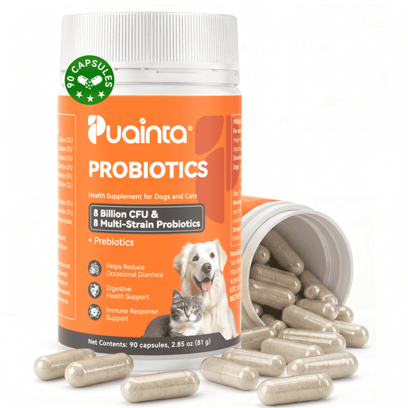PUAINTA Probiotics for Dogs and Cats, 8-Strain Probiotic & Prebiotic Digestive Supplement, Gut Health & Stool Support, 90 Count