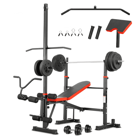 PUATUL 1500 LBS Adjustable Weight Bench Set with Lat Pulldown, Leg Extension and Leg Curl, Foldable Bench Press Station with Preacher Curl and Squat Rack, Safety Catches Workout Benches for Home Gym