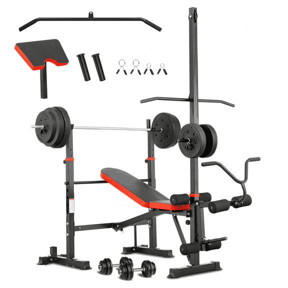 PUATUL 1500LB 8 IN 1 Olympic Weight Bench with Lat Pulldown Attachment and Leg Extension/Curl, Foldable Incline Bench Press with Preacher Curl & Barbell Squat Rack, Workout Bench for Home Gym