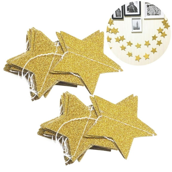 Golden Glitter Star Paper Garland, 2pcs Lightweight Decorative Hanging Flags for Festival, Birthday, Wedding, Party Decor
