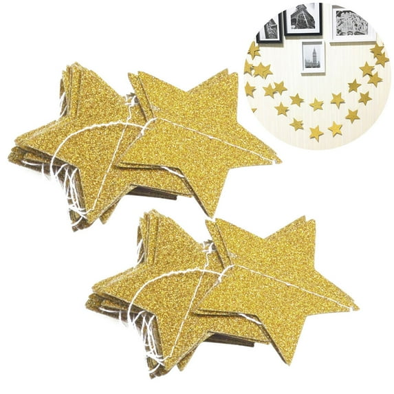 Golden Glitter Star Paper Garland, 2-Pack Lightweight Hanging Flags for Birthday, Wedding, Festival, Party Decoration
