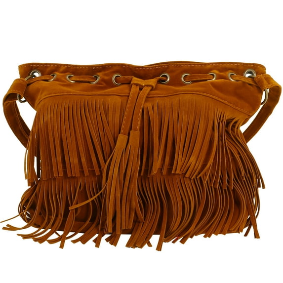 HONMEET Brown Fringe Tassel Bucket Handbag Stylish Retro Design Shoulder Bag for Women Everyday Use