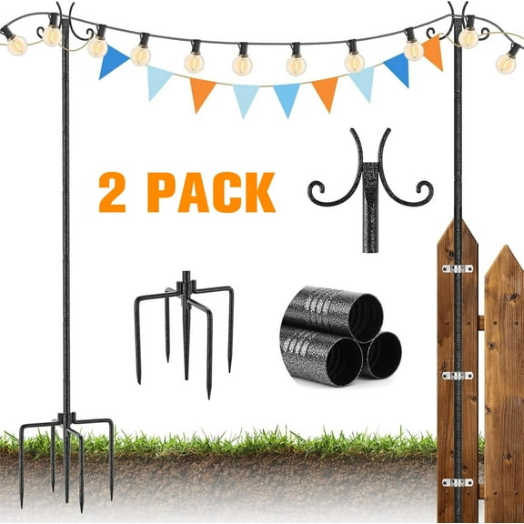 PUCACHI String Light Poles for Outside, 10 Ft Weather Resistant and Height Adjustable, Easy to Install, with Fork Bracket for String Lights, Patio and Deck, 2Pack