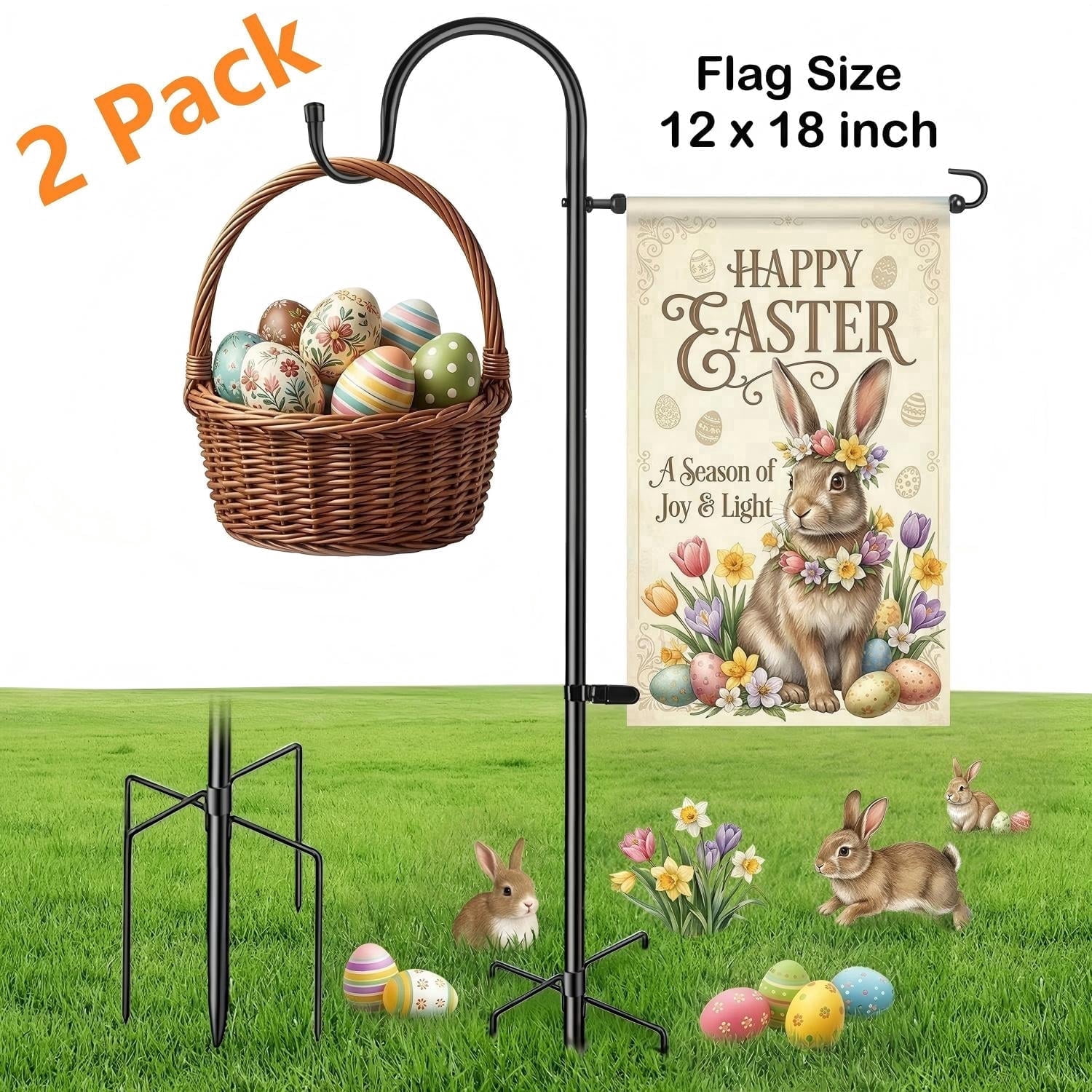 PUCACHI Garden Flag Holder - Upgraded Outdoor Easter Garden Flag Pole with Shepherd Hooks for 12 x 18" Flag, 45in Yard Flag Holder Stand for Small Flags, 2Pack