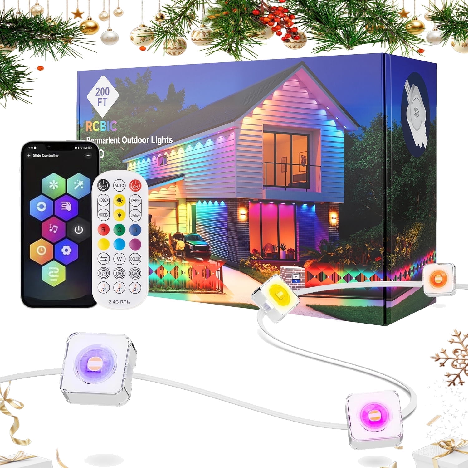 PUCACHI 200ft Permanent Outdoor Christmas Lights Smart Outdoor Light, App and Remote Control Dual Control, IP67 Waterproof, RGBIC Lights for Patio, Eaves, Party Decoration