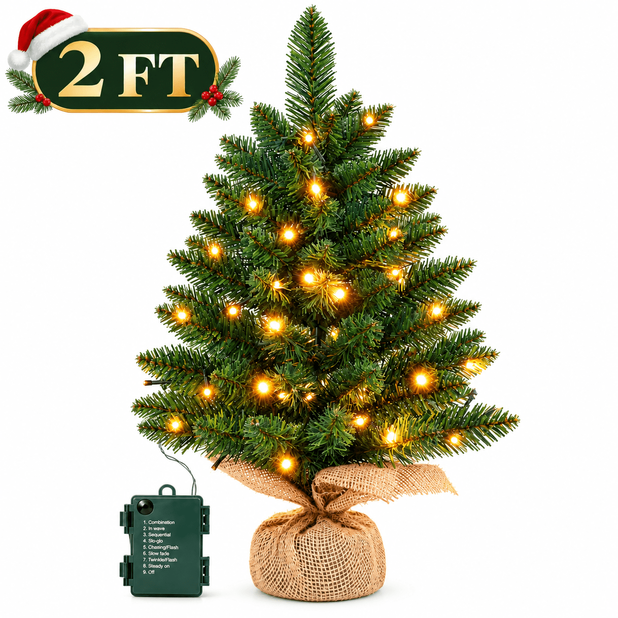 PUCACHI 2FT Mini Pre-Lit Christmas Tree, Small Artificial Tabletop Tree ...