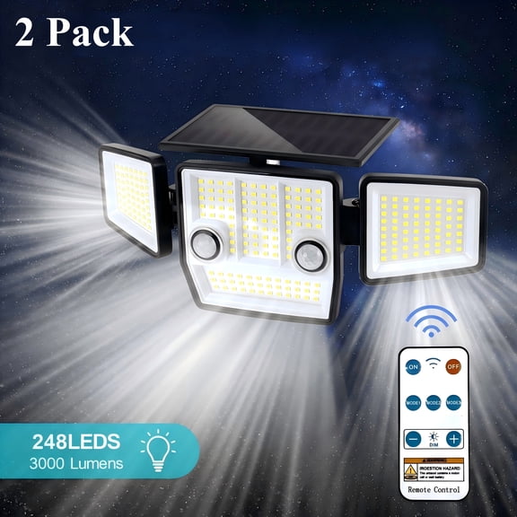 PUCACHI Solar Lights Outdoor Waterproof - 3000LM 248 LED Motion Sensor Security Light with Remote Control Floodlight for Patio Garage Yard Entrance, 2 Pack