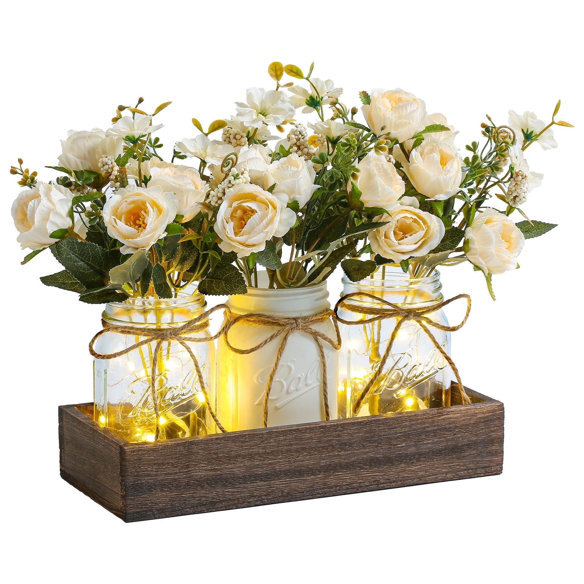 PUCACHI Decoration, Includes Wood Tray, LED Lights, Farmhouse, Mason Jar, Tabletop, 3-Piece