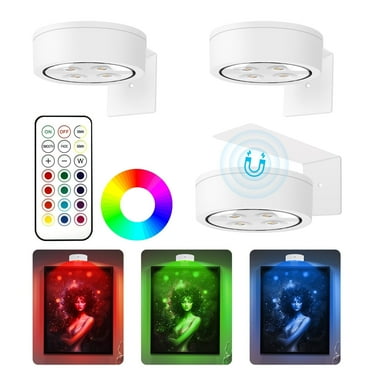 PUCACHI 3 Pieces Magnetic LED Art Display Lights, 13 RGB Colors, for Photo Frame Artwork, Wireless Painting with Remote Control, Party Home, Wall Decor Puck Lights, White -RGB