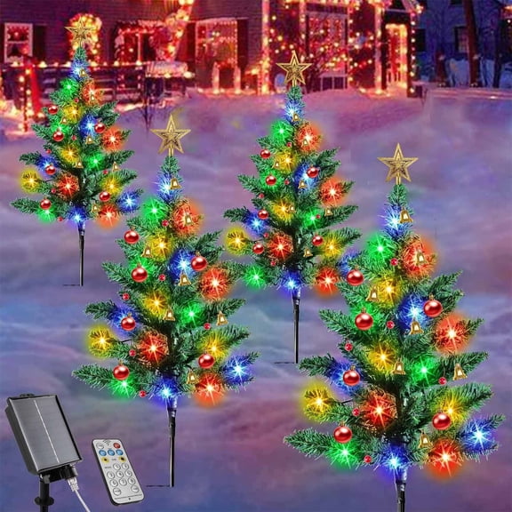 PUCACHI 31.5 Inch Solar Path Christmas Tree (4 Pack), Artificial Mini Christmas Tree with Lights for Porch, Driveway, Patio Outdoor Christmas Decoration (Snowflake Model)