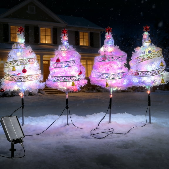 PUCACHI 31.5" Solar Path Christmas Trees 4-pack Artificial Mini Christmas Tree with Lights for Porch, Driveway, Patio Outdoor Christmas Decoration