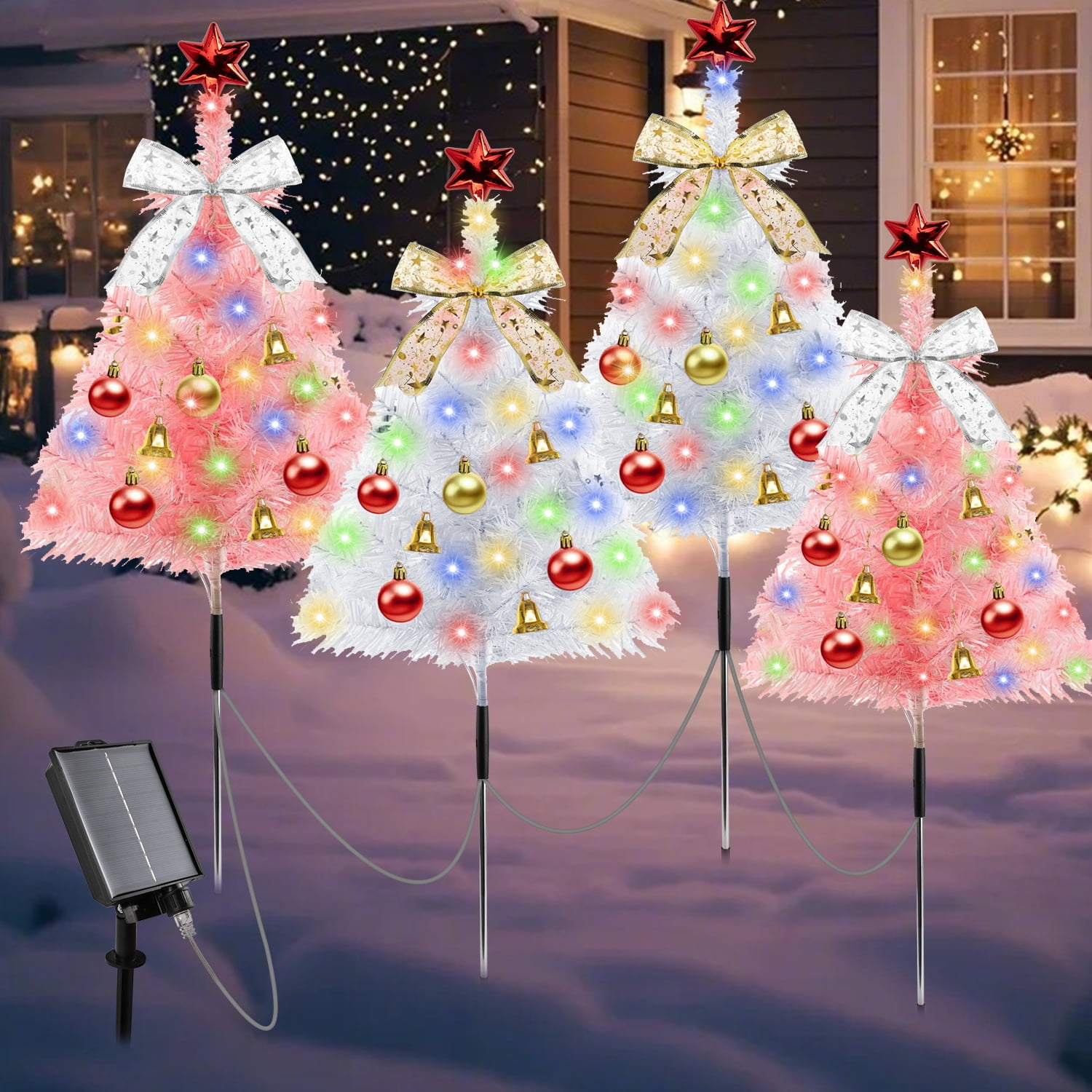 PUCACHI 31.5" Solar Path Christmas Trees 4-pack Artificial Mini Christmas Tree with Lights for Porch, Driveway, Patio Outdoor Christmas Decoration