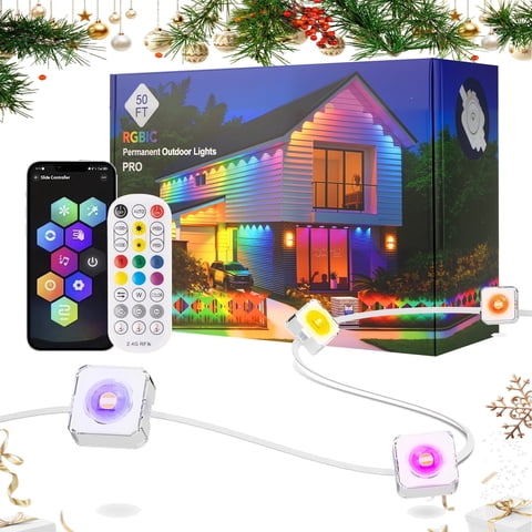 PUCACHI 50ft Permanent Outdoor Christmas Lights Smart Outdoor Light, App and Remote Control Dual Control, IP67 Waterproof, RGBIC Lights for Patio, Eaves, Party Decoration