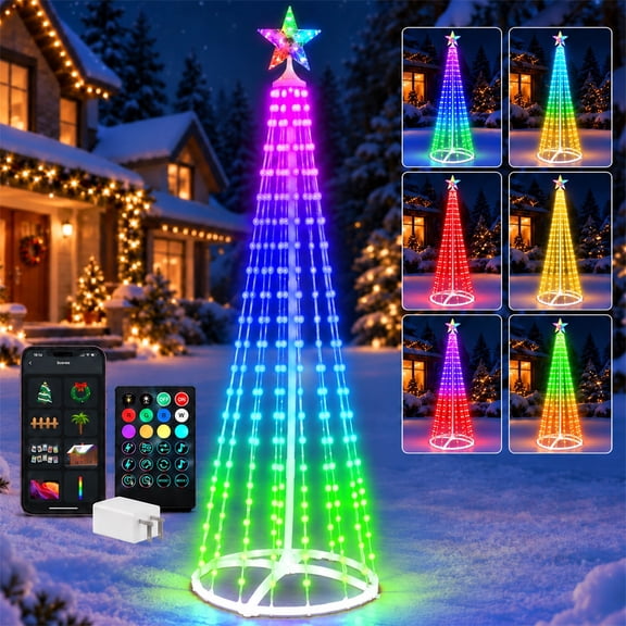 PUCACHI 6ft Lighted Outdoor Christmas Tree, 250 LED Music Sync RGB Fairy Lights Outdoor Christmas Decorations LED Light Show, APP and Remote Control, Timer Function