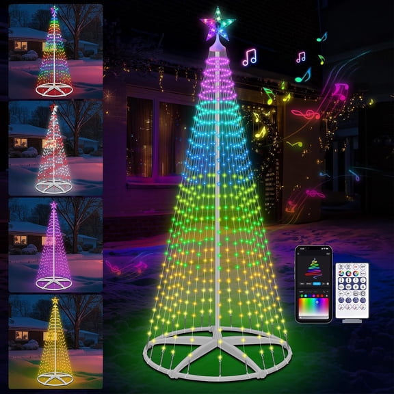 PUCACHI 7.9ft Lighted Outdoor Christmas Tree, 250 LED Music Sync RGB Fairy Lights Outdoor Christmas Decorations LED Light Show, APP and Remote Control, Timer Function