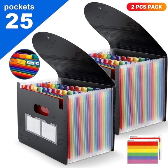 PUCACHI Accordion File Organizer, 25Pocket A4 Freestanding Expanding File Folder, Polypropylene Waterproof AcidFree Document Storage, Black, 2Pack