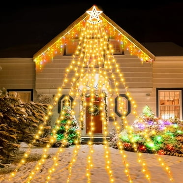 PUCACHI Outdoor Christmas Lights 350LED 12.5ft, Warm Color Christmas Tree Lights with Plug-in Remote Control, 8 Modes IP67 Waterproof Waterfall Star Lights for Indoor House Yard Garage Decoration